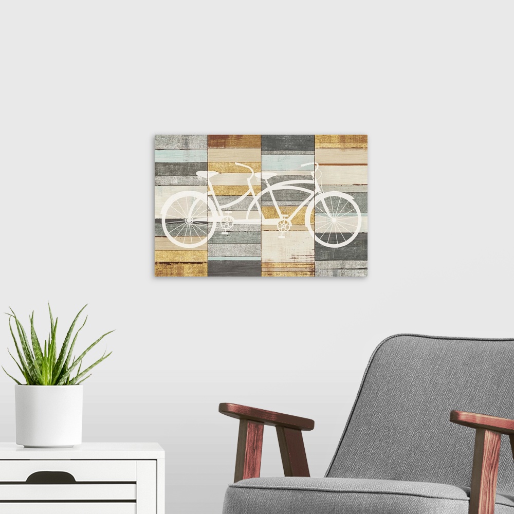 A modern room featuring White silhouette of a tandem bicycle on a painted wood paneled background.