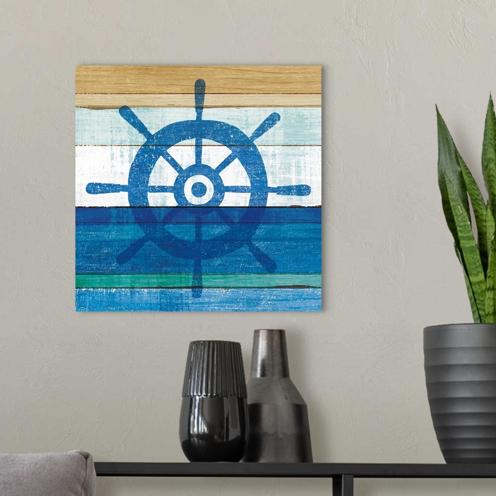 A modern room featuring Blue wheel on a blue and brown painted wood background.