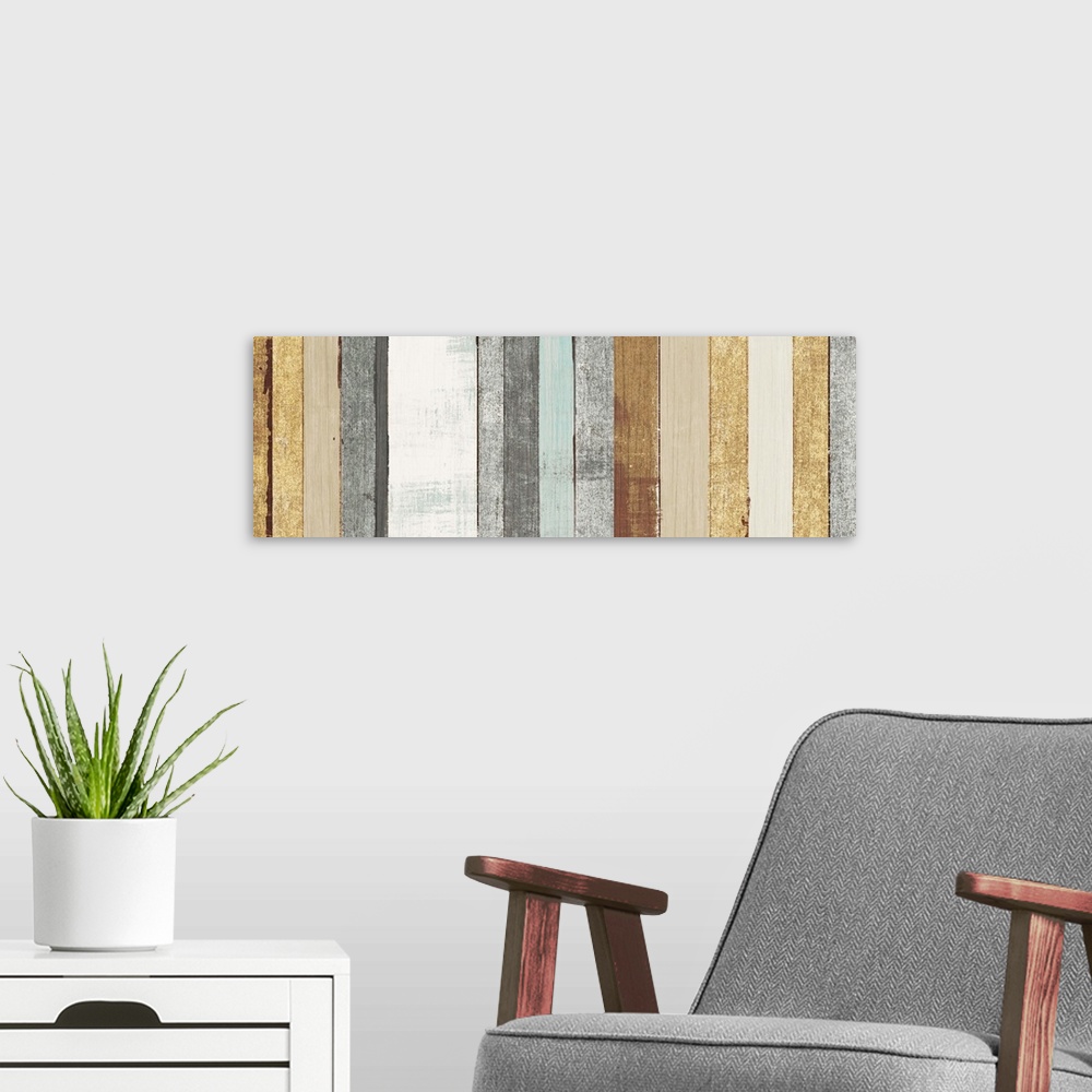 A modern room featuring Painted rectangular wood panels on canvas.