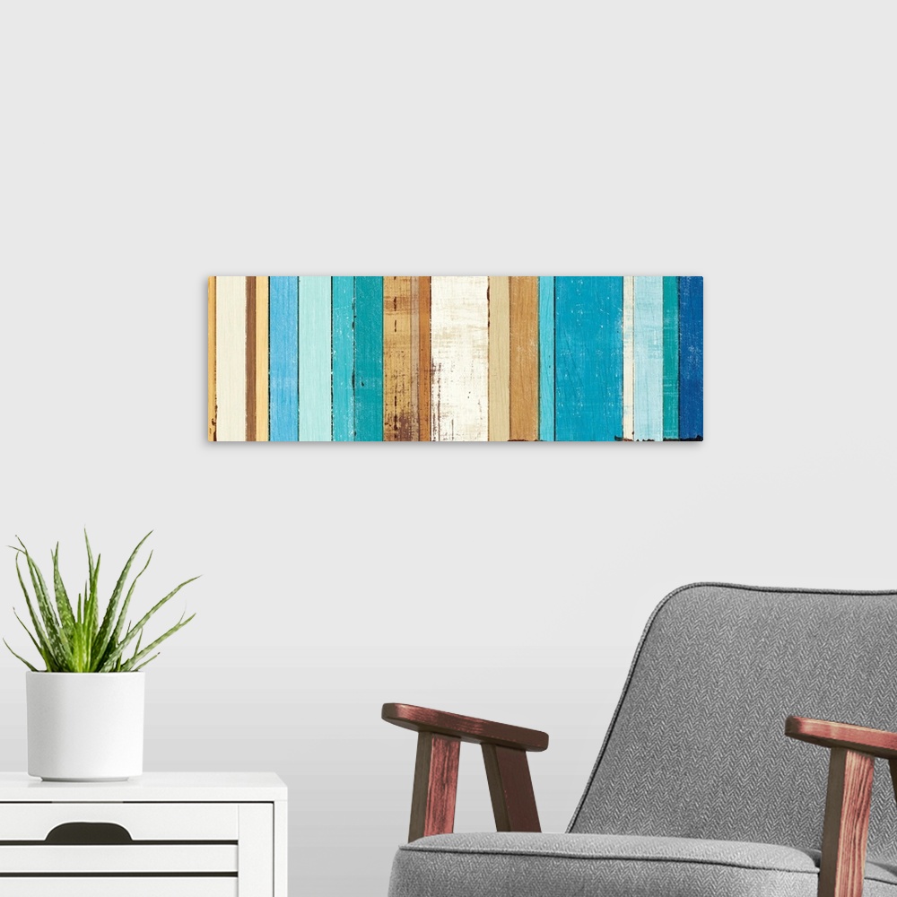 A modern room featuring Painted rectangular wood panels on canvas.