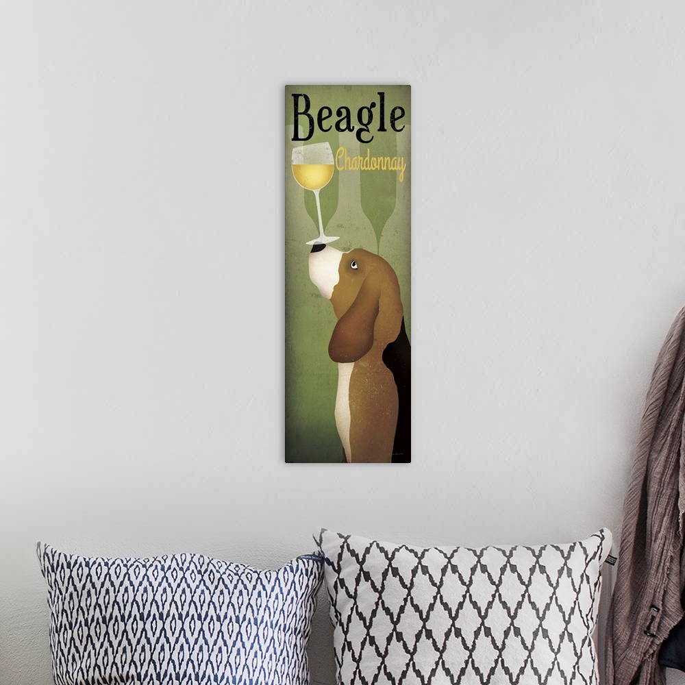 A bohemian room featuring Contemporary home decor artwork of a beagle balancing a glass of white wine on its nose.