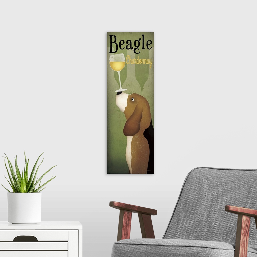 A modern room featuring Contemporary home decor artwork of a beagle balancing a glass of white wine on its nose.