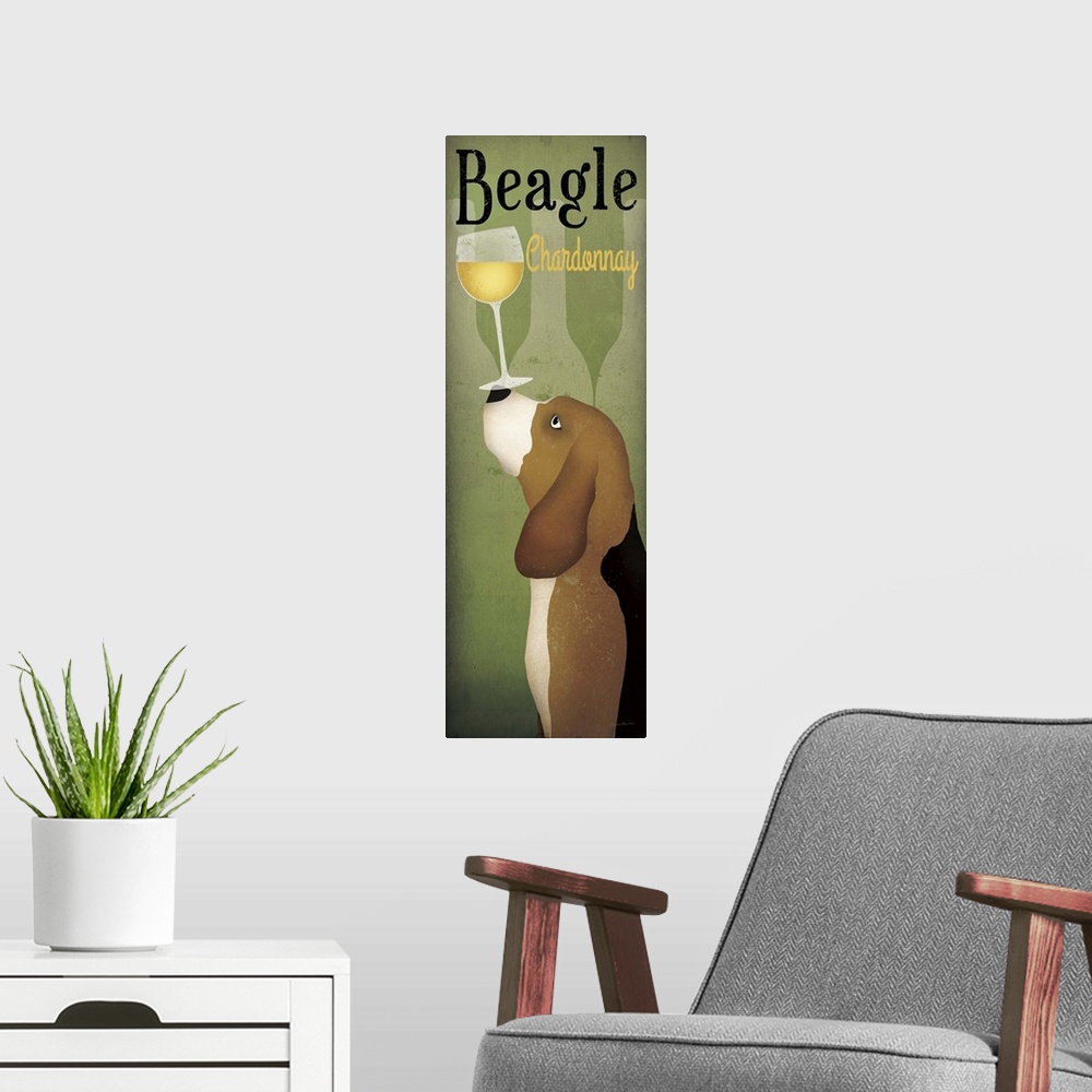 A modern room featuring Contemporary home decor artwork of a beagle balancing a glass of white wine on its nose.