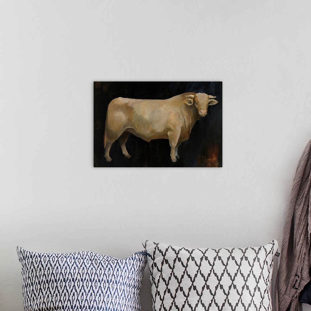 A bohemian room featuring Contemporary painting of a brown cow on a dark background.