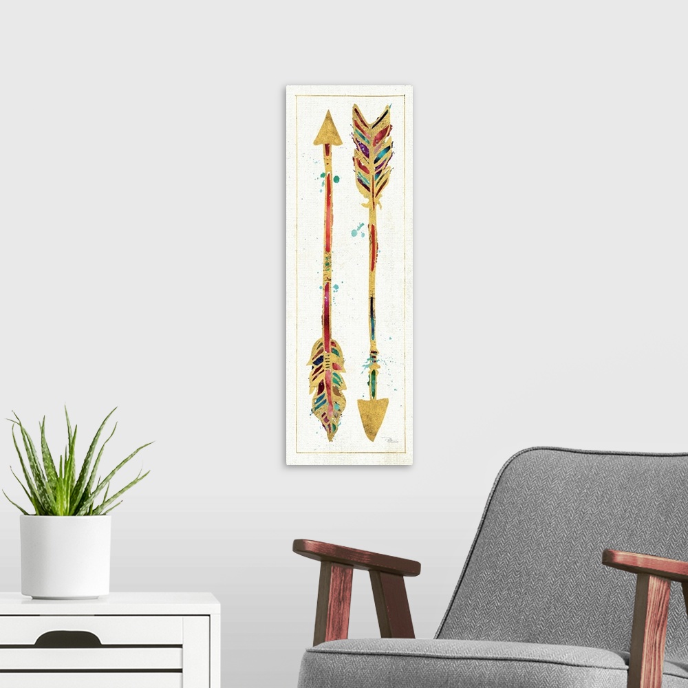 A modern room featuring Two colorful arrows outlined in gold.