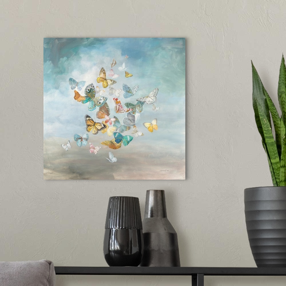 A modern room featuring A decorative square painting of a group of colorful butterflies.