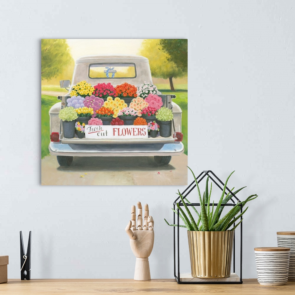 A bohemian room featuring Square contemporary painting of a vintage truck bed full of fresh cut flowers for sale.