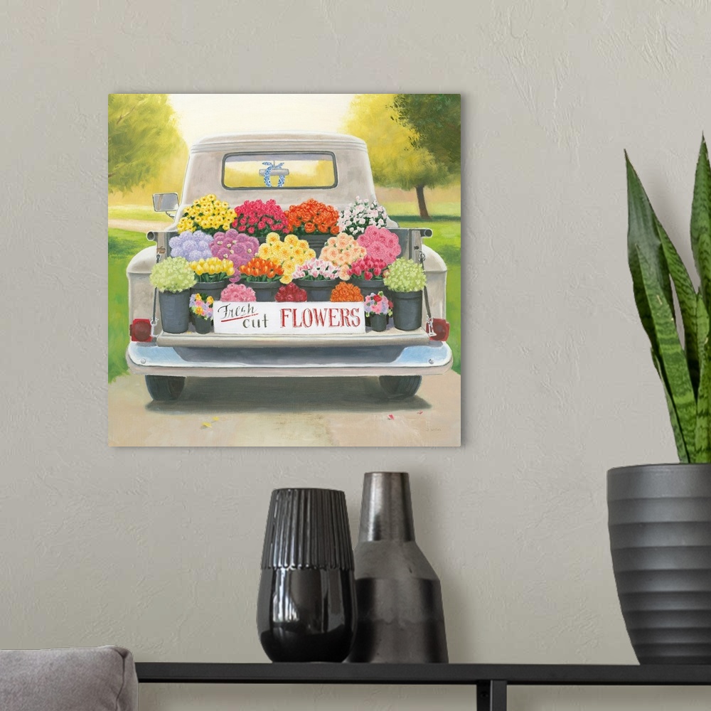 A modern room featuring Square contemporary painting of a vintage truck bed full of fresh cut flowers for sale.