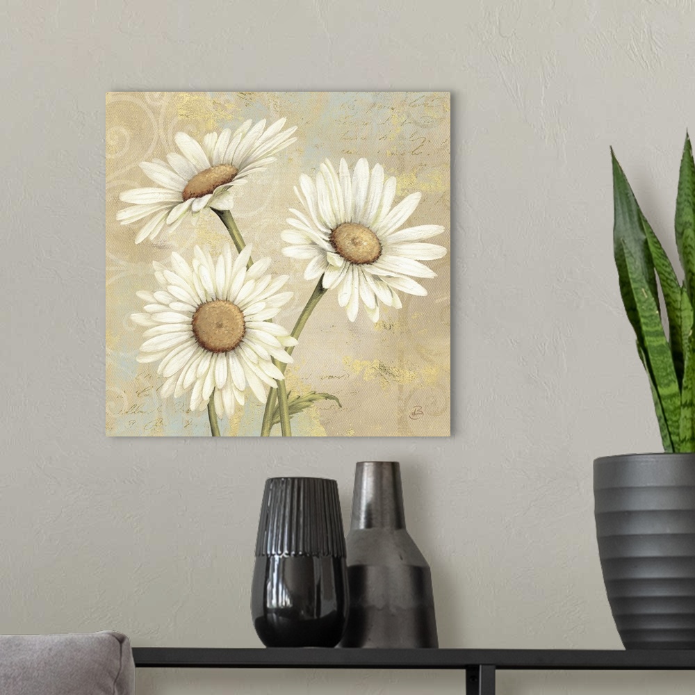 A modern room featuring Three flowers on a decorative background with hand written text and curling embellishments.