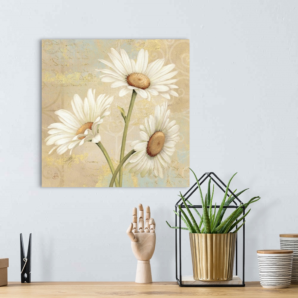 A bohemian room featuring Square, large floral art docor of three daisies on a collaged background of patchy neutral and go...