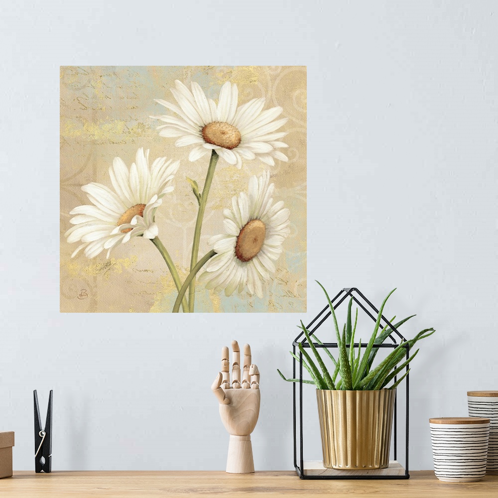 A bohemian room featuring Square, large floral art docor of three daisies on a collaged background of patchy neutral and go...