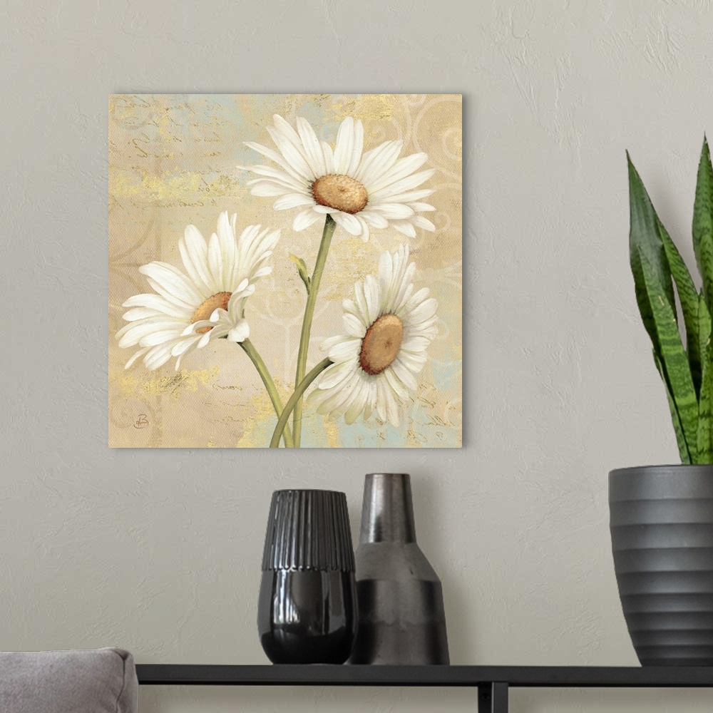 A modern room featuring Square, large floral art docor of three daisies on a collaged background of patchy neutral and go...