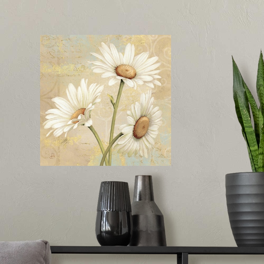 A modern room featuring Square, large floral art docor of three daisies on a collaged background of patchy neutral and go...