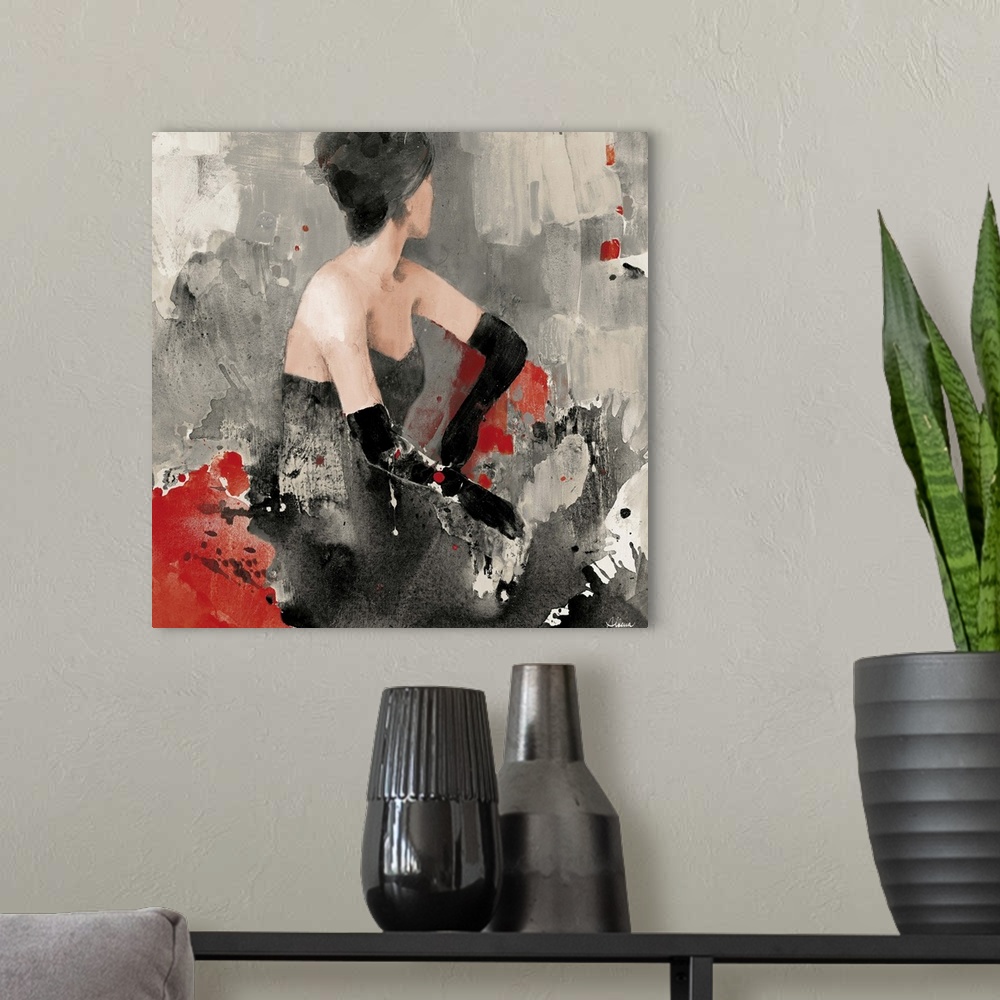 A modern room featuring Contemporary painting of a dark haired woman wearing a black ball gown with splashes of red and b...