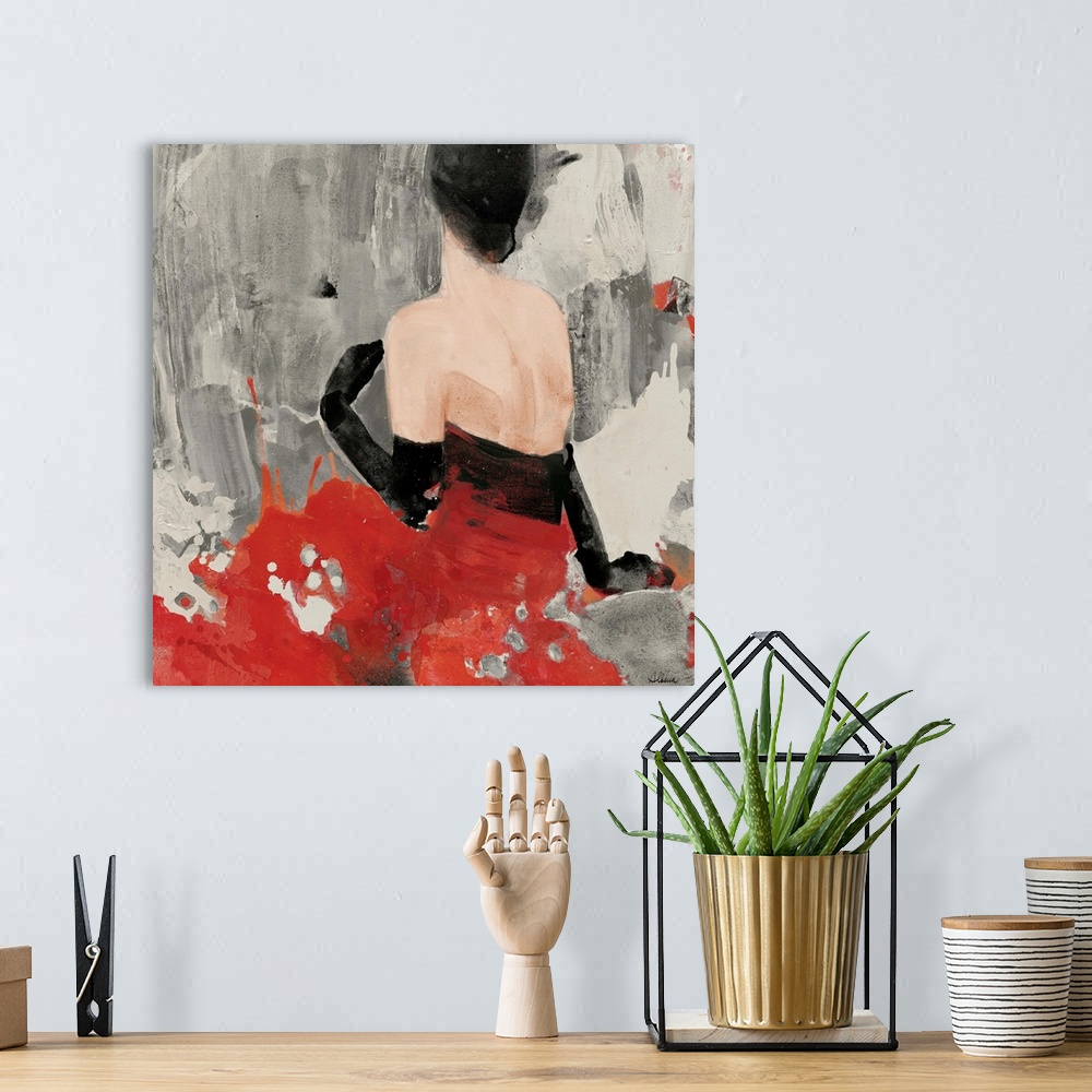 A bohemian room featuring Contemporary painting of a dark haired woman wearing a black ball gown with splashes of red and b...