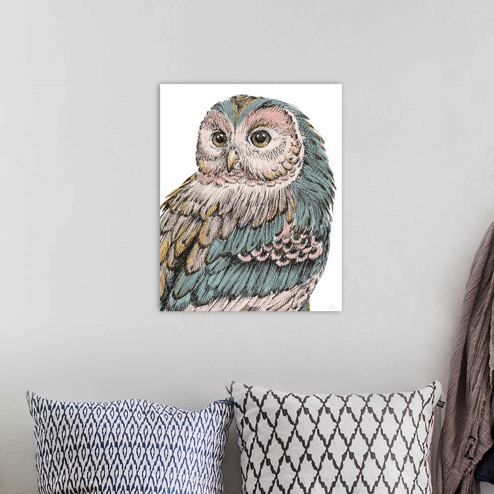 A bohemian room featuring Beautiful illustration of an owl using pastel colors and gold accents.