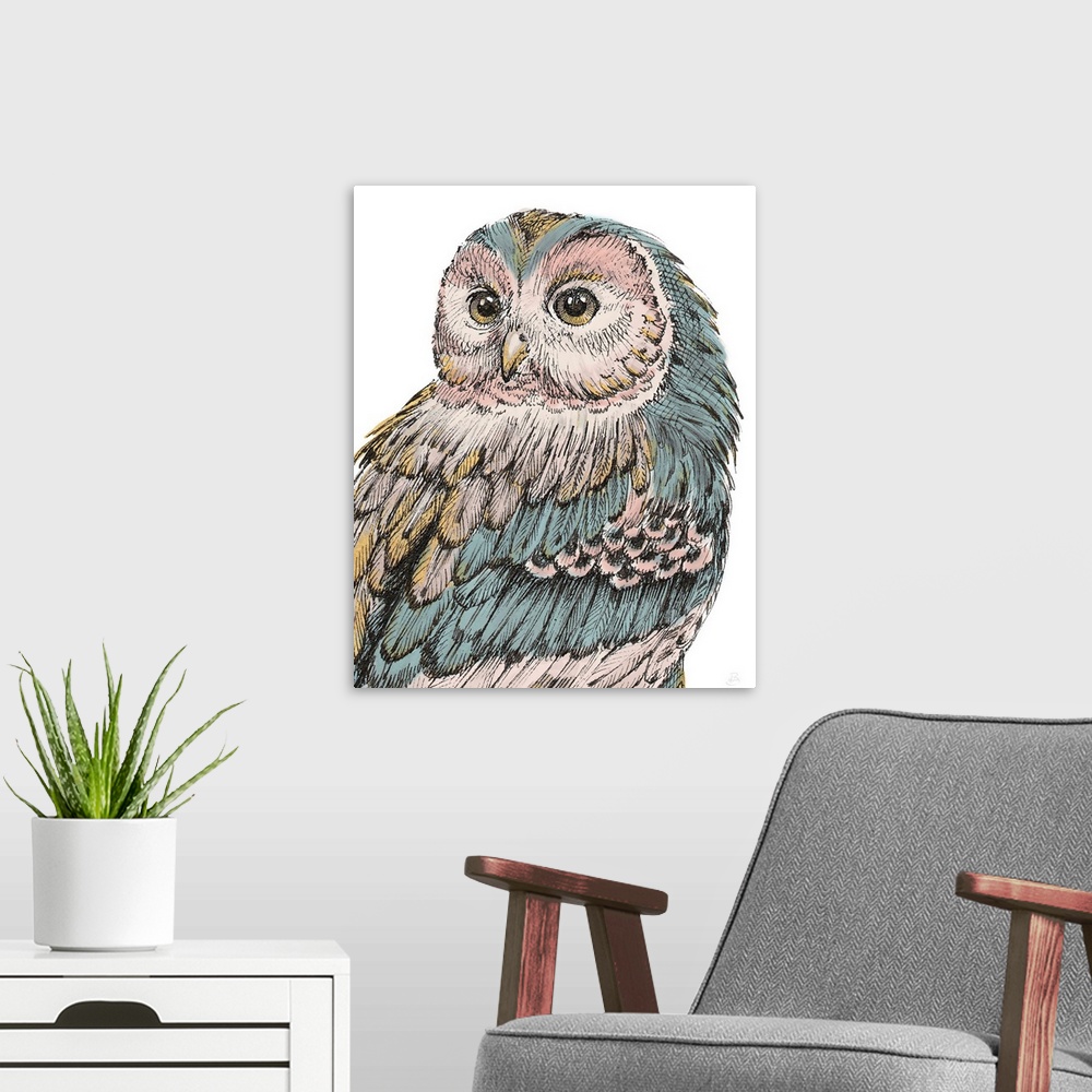 A modern room featuring Beautiful illustration of an owl using pastel colors and gold accents.