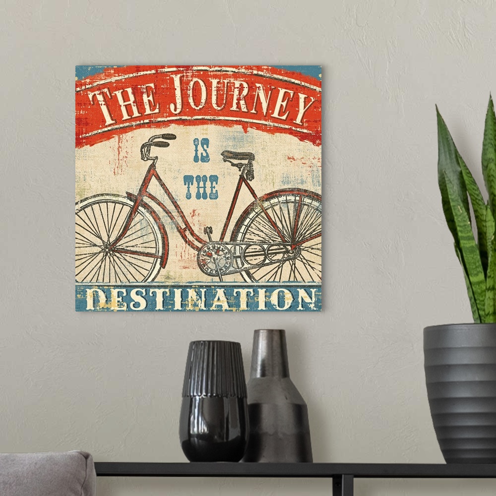 A modern room featuring Large vintage canvas art shows an illustration of a bicycle against a bare background with the te...