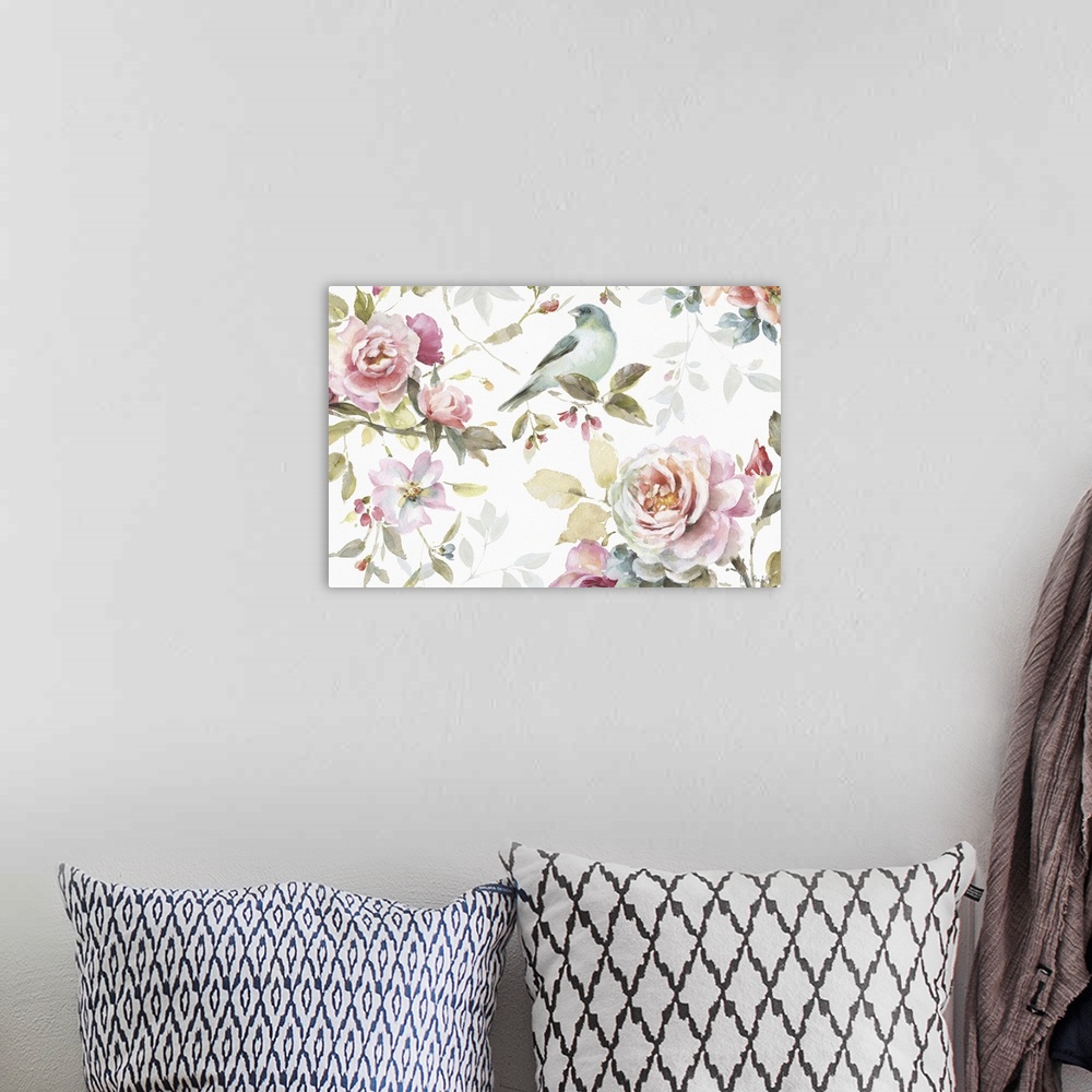 A bohemian room featuring Watercolor painting of a blue bird surrounded by pink roses and flowers.
