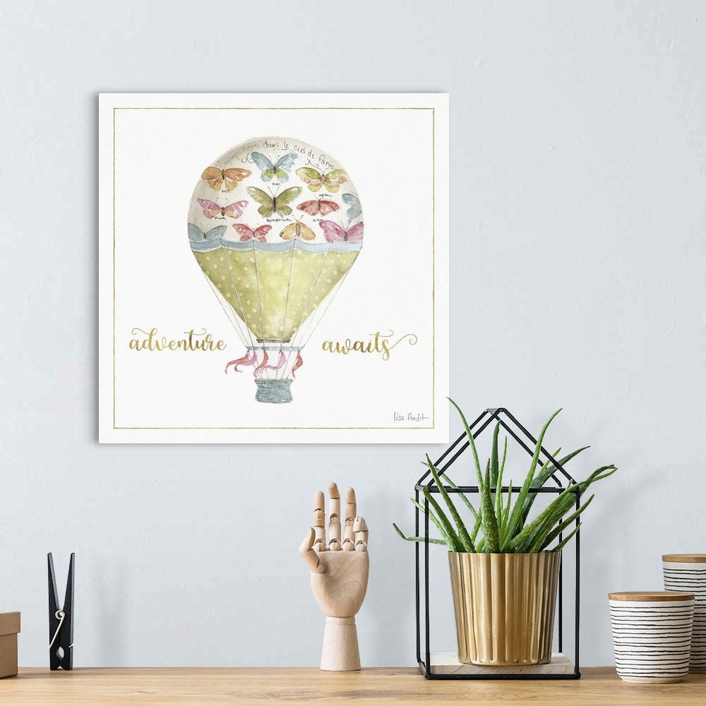 A bohemian room featuring Square watercolor painting of a hot air balloon decorated with colorful butterflies and green pol...