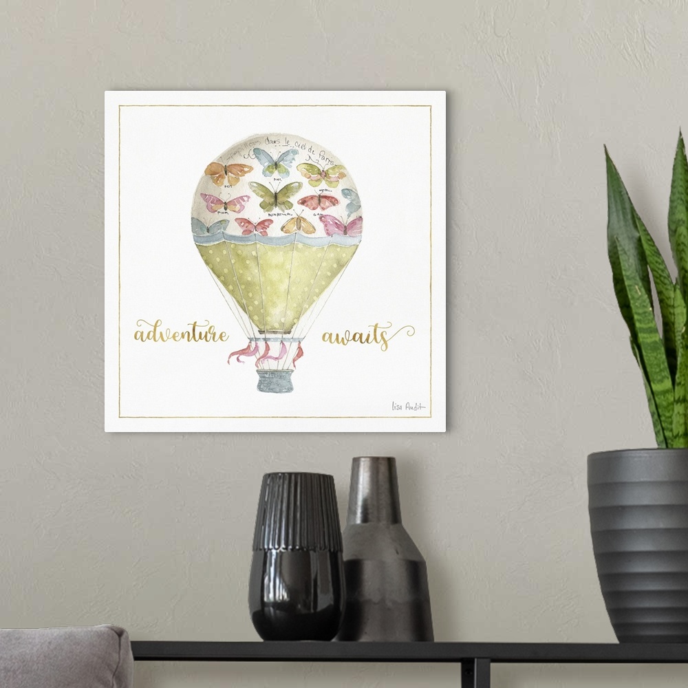 A modern room featuring Square watercolor painting of a hot air balloon decorated with colorful butterflies and green pol...