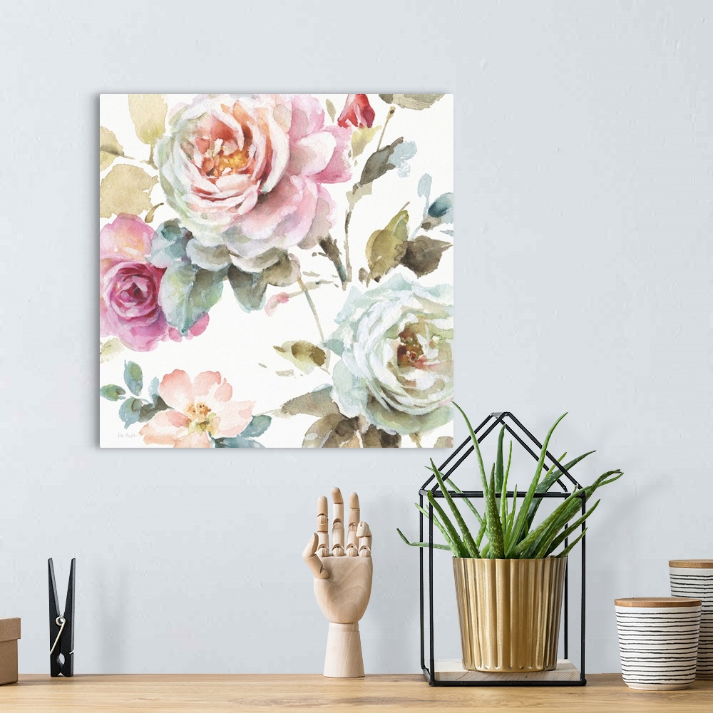 A bohemian room featuring Square watercolor painting of pink and white roses.