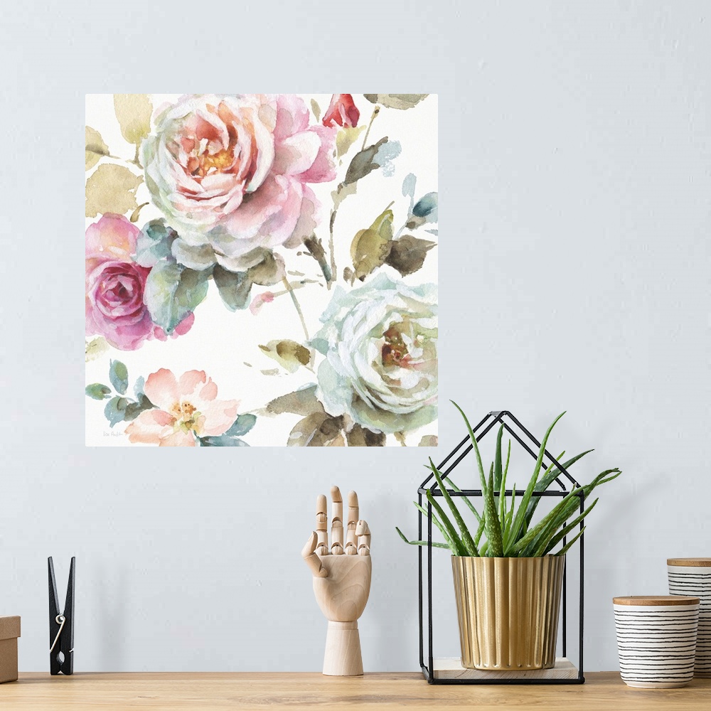 A bohemian room featuring Square watercolor painting of pink and white roses.