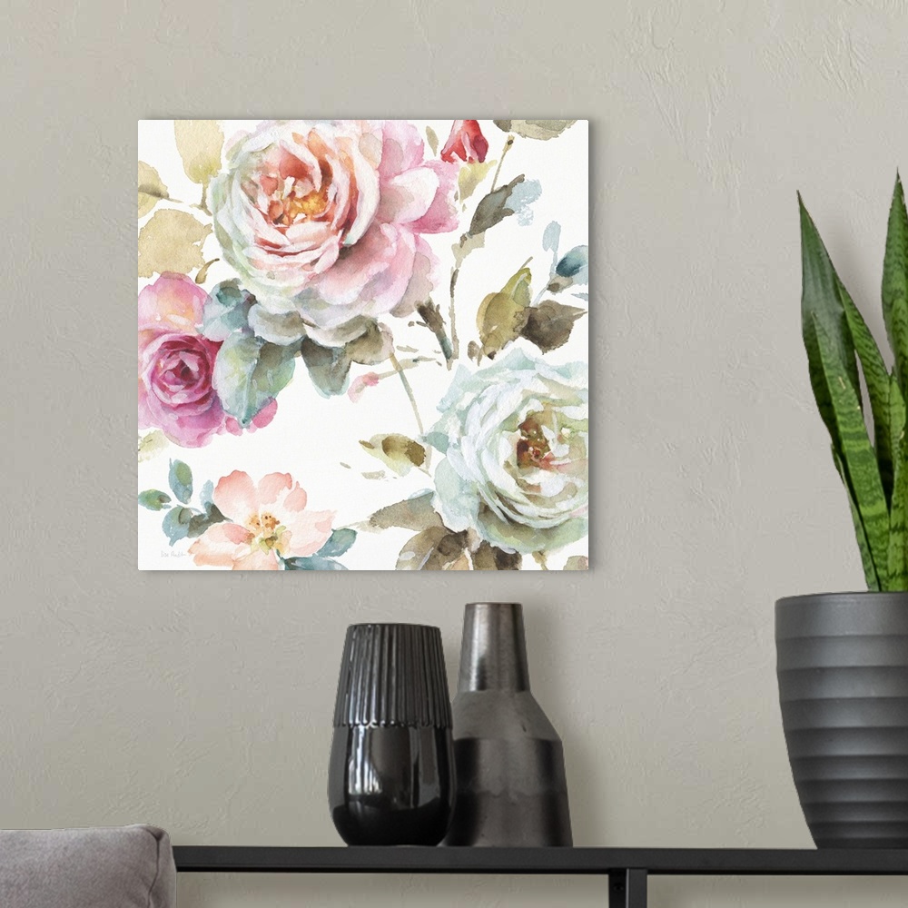 A modern room featuring Square watercolor painting of pink and white roses.