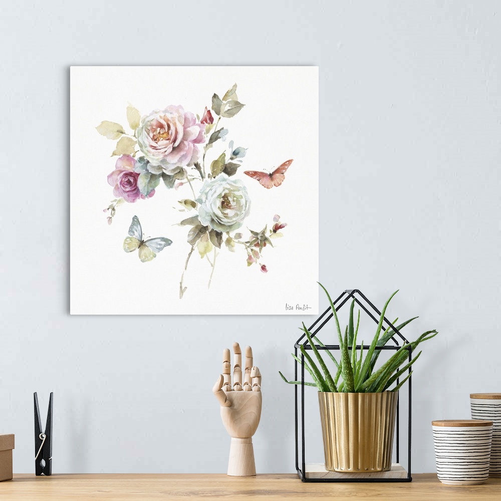 A bohemian room featuring Square watercolor painting of roses and butterflies.