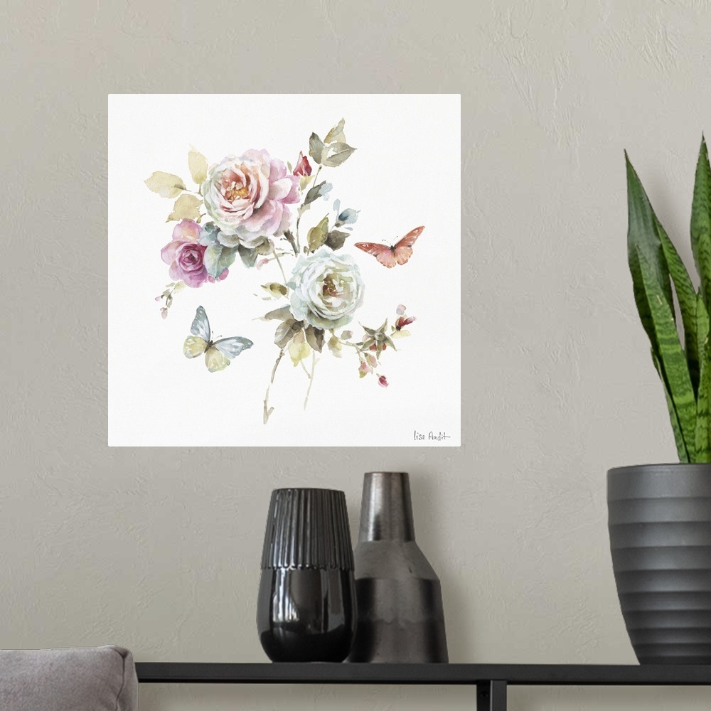 A modern room featuring Square watercolor painting of roses and butterflies.