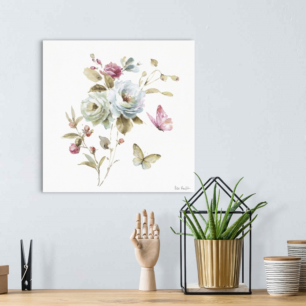 A bohemian room featuring Square watercolor painting of roses and butterflies.