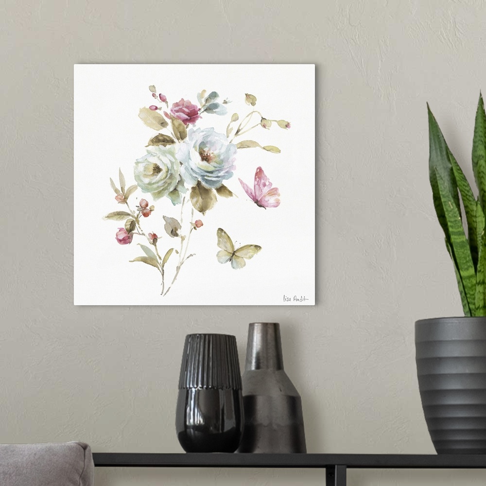 A modern room featuring Square watercolor painting of roses and butterflies.