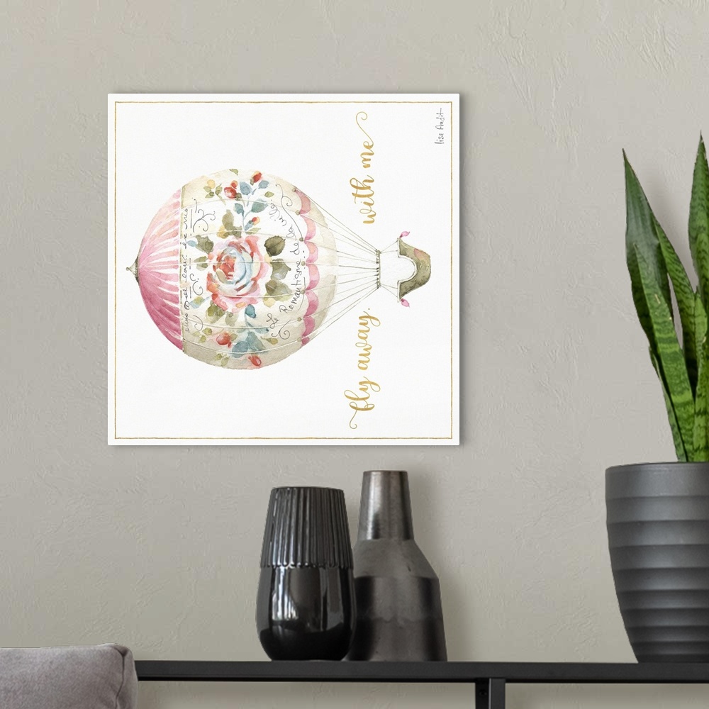 A modern room featuring Square watercolor painting of a pink and white hot air balloon with a rose on it and the phrase "...