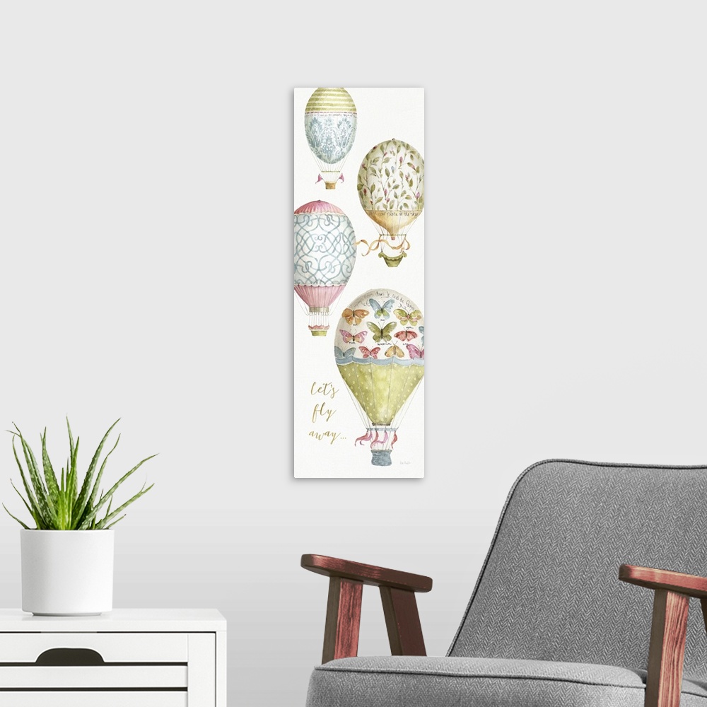 A modern room featuring Tall rectangular watercolor painting of four hot air balloons each with their own intricate desig...