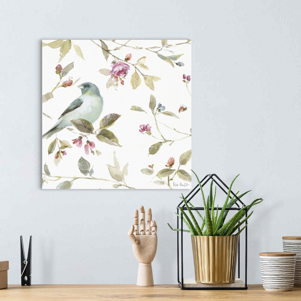 A bohemian room featuring Square watercolor painting with a blue songbird surrounded by leaves and pink buds and flowers.