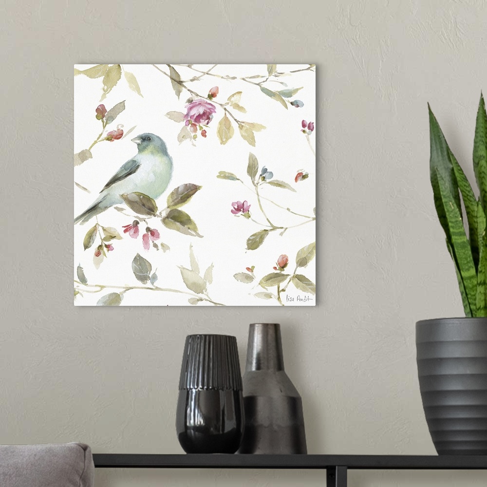 A modern room featuring Square watercolor painting with a blue songbird surrounded by leaves and pink buds and flowers.
