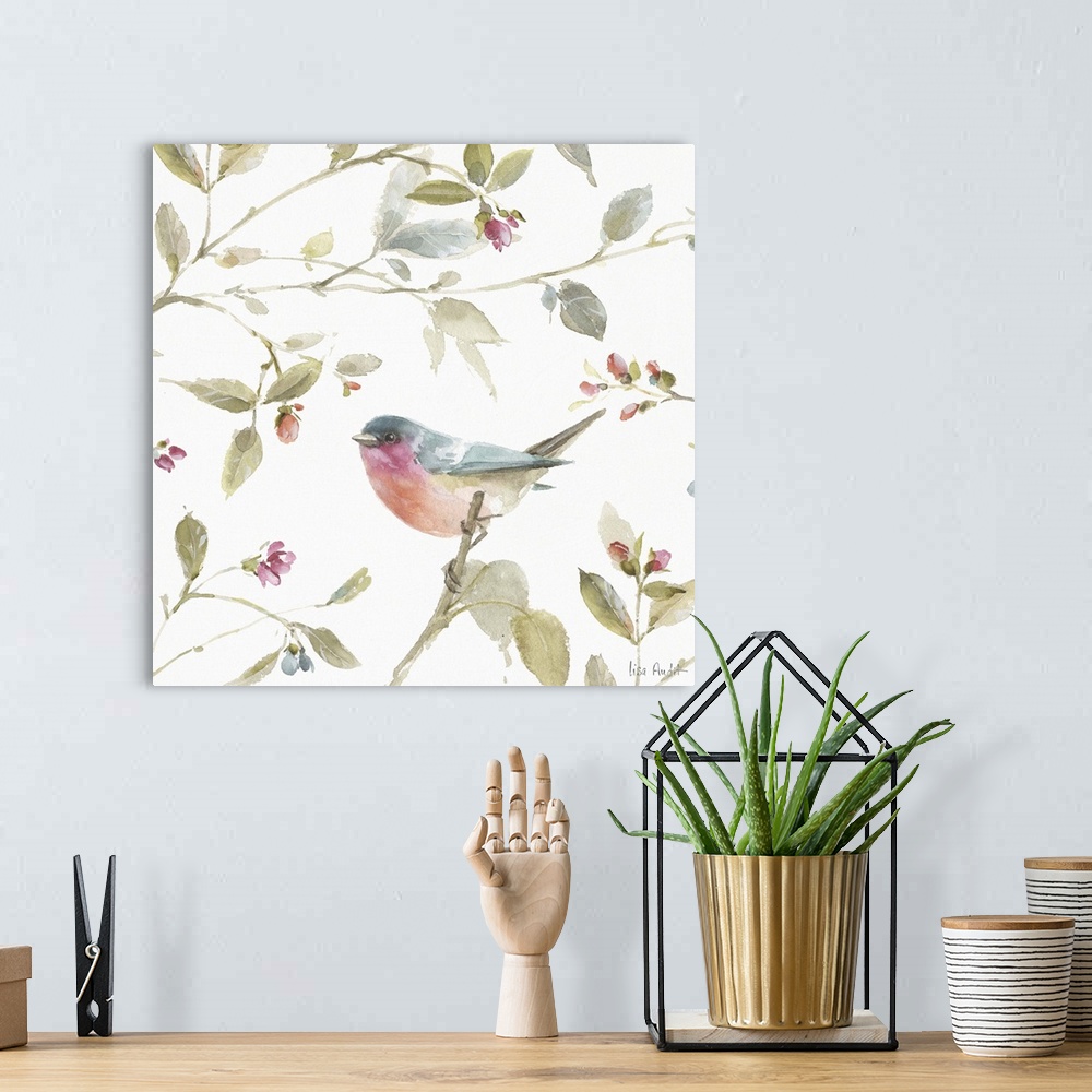 A bohemian room featuring Square watercolor painting of a colorful songbird perched on a branch and surrounded by leaves, f...