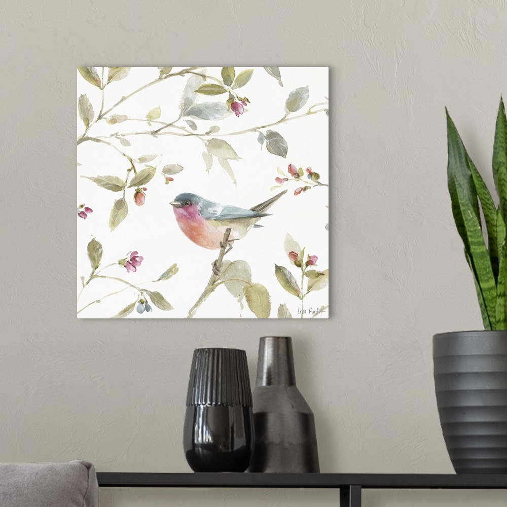 A modern room featuring Square watercolor painting of a colorful songbird perched on a branch and surrounded by leaves, f...