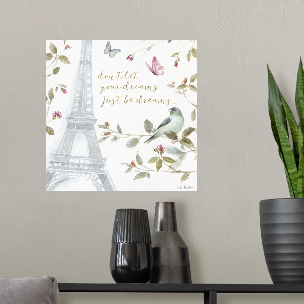 A modern room featuring Square watercolor painting of the Eiffel Tower surrounded by flowers, leaves, butterflies, and a ...