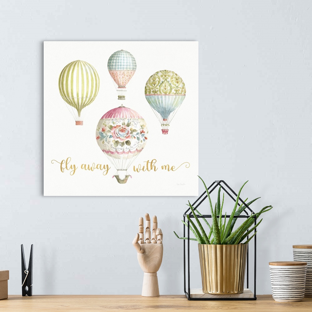 A bohemian room featuring Watercolor painted hot air balloons on a white square background with "Fly Away With Me" written ...