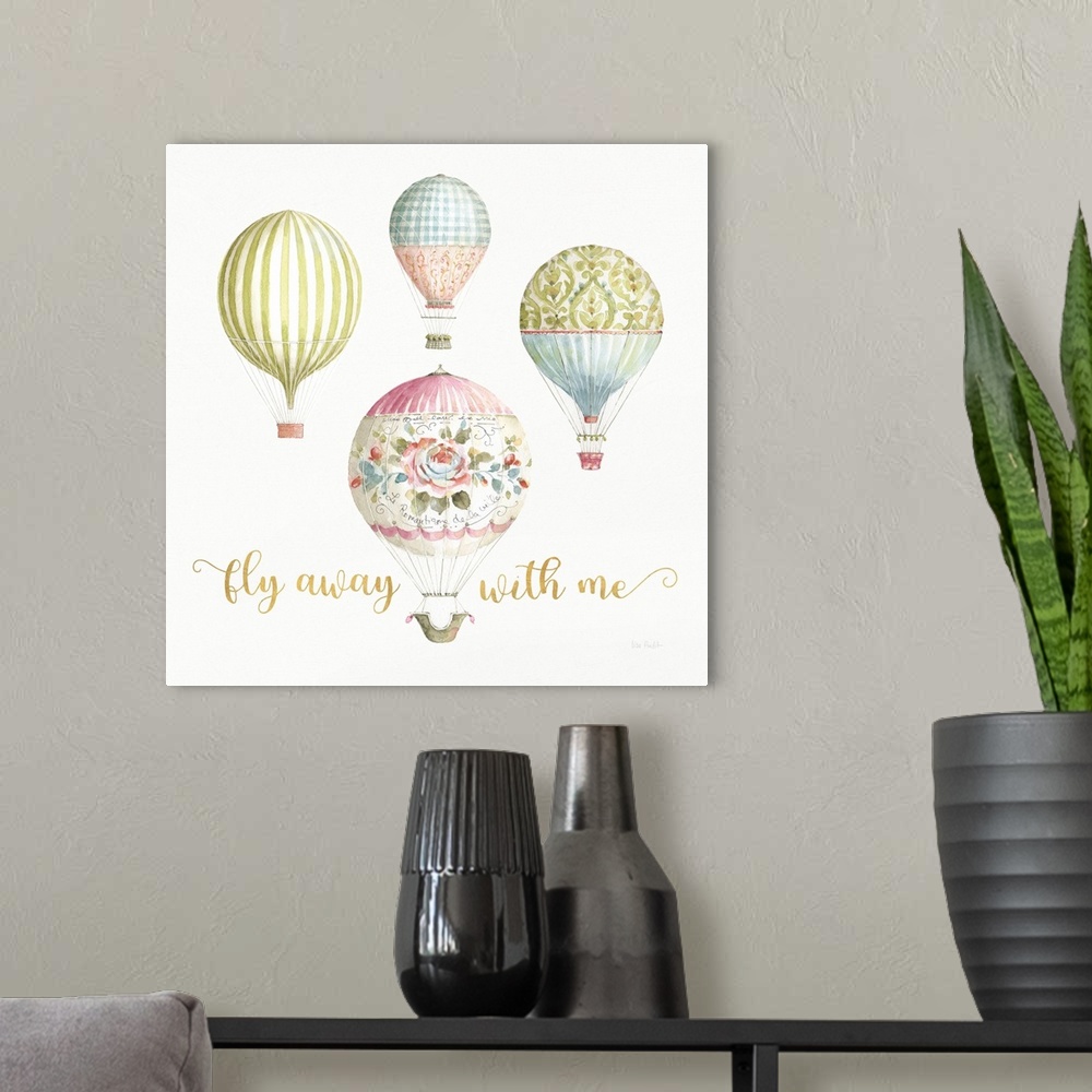 A modern room featuring Watercolor painted hot air balloons on a white square background with "Fly Away With Me" written ...