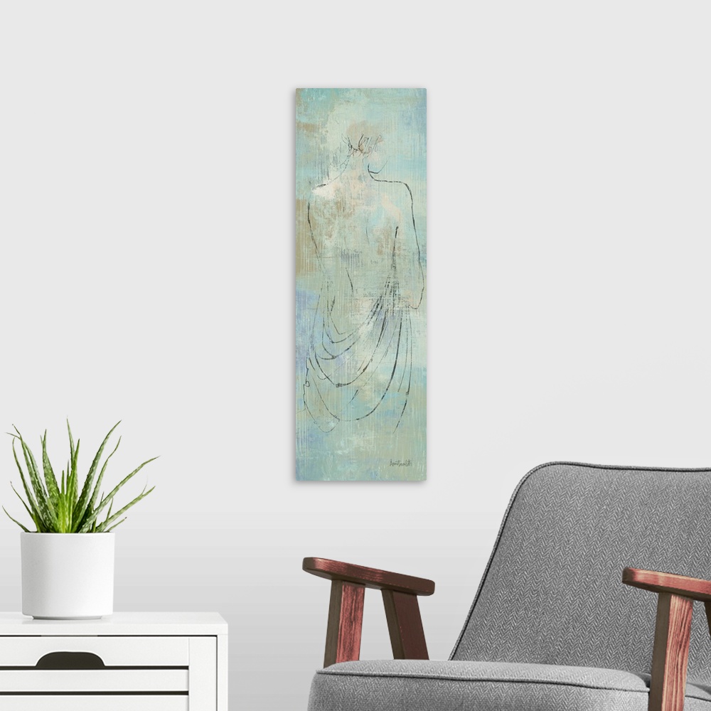 A modern room featuring Simple drawing of a nude figure over a textured background.