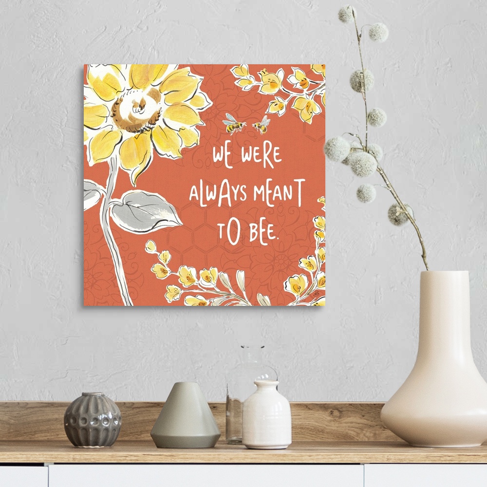 A farmhouse room featuring "We Were Always Meant To Be" written in white on a dark coral colored background with illustratio...