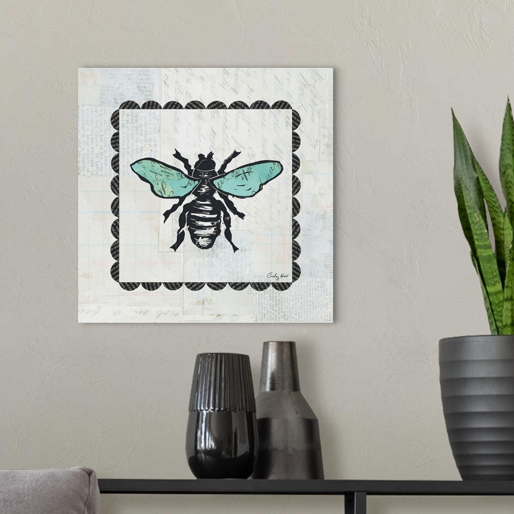 A modern room featuring Contemporary decorative artwork of a bee surrounded by a square border design against a gray back...