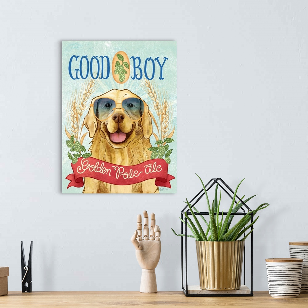 A bohemian room featuring Fun illustration of a golden retriever wearing sunglasses with wheat and hops around him and the ...