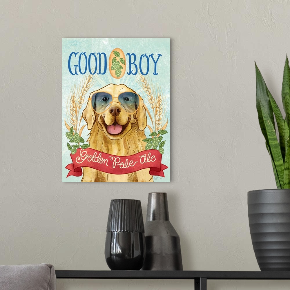 A modern room featuring Fun illustration of a golden retriever wearing sunglasses with wheat and hops around him and the ...
