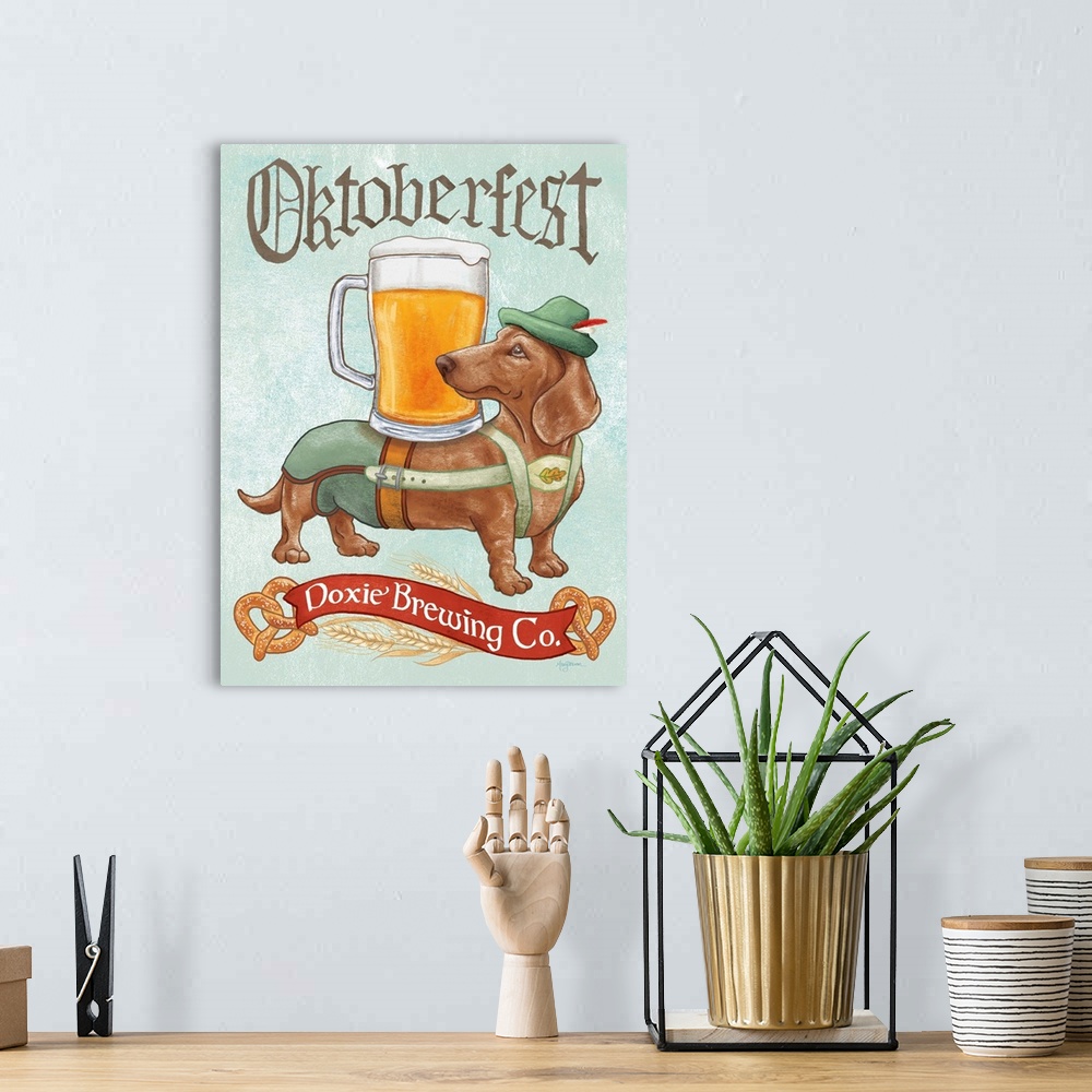 A bohemian room featuring Fun illustration of a doxie wearing lederhosen with a pint glass on its back and the text "Oktobe...