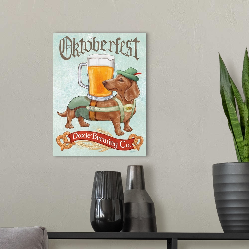 A modern room featuring Fun illustration of a doxie wearing lederhosen with a pint glass on its back and the text "Oktobe...
