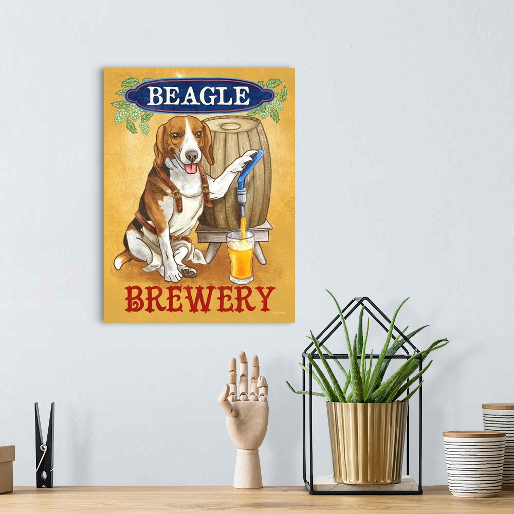 A bohemian room featuring Fun illustration of a beagle pouring a pint of beer from a wooden keg with the text "Beagle Brewery"