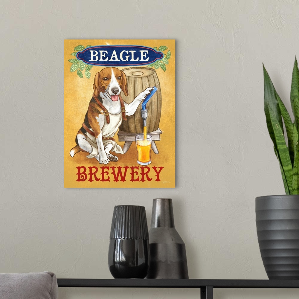 A modern room featuring Fun illustration of a beagle pouring a pint of beer from a wooden keg with the text "Beagle Brewery"